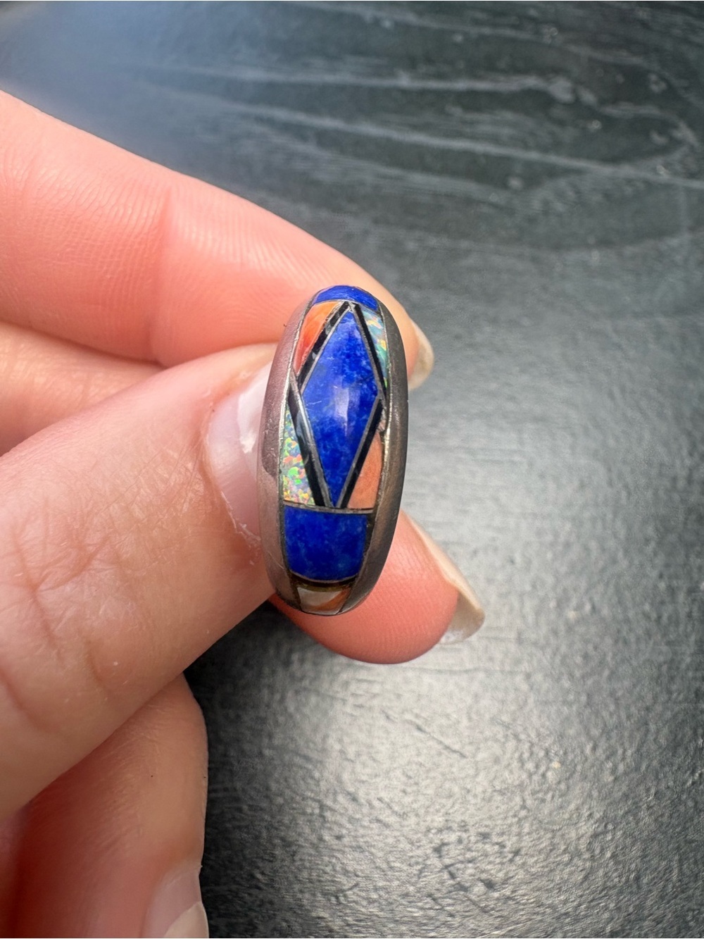 P. Sanchez Sterling Silver Ring with Blue, Orange, Opal Stones - Size 8.5 - Picture 3 of 13